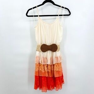 DEB Silk Blend Cream Orange Ombre Tiered Lace Sleeveless Short Boho Dress Medium